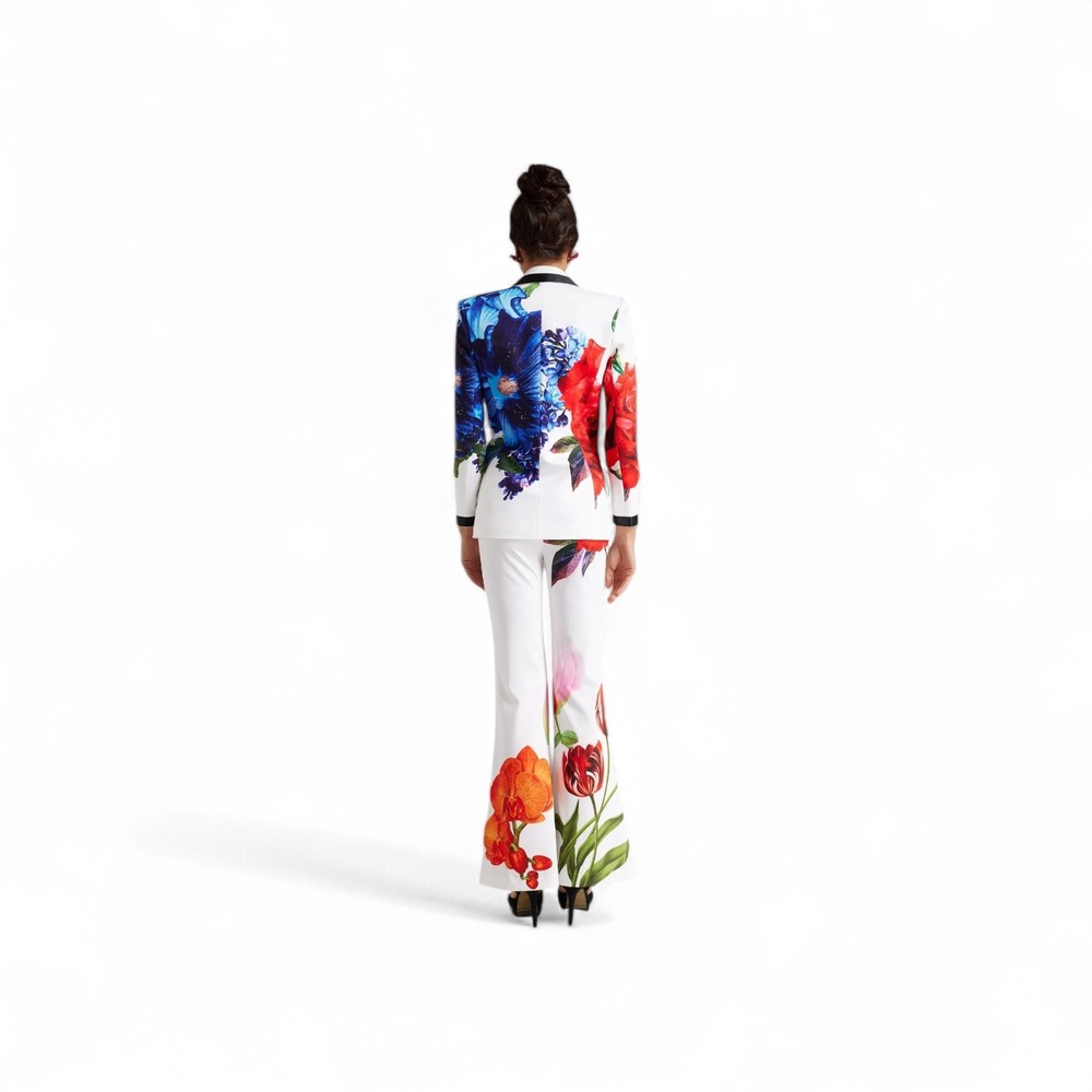 Floral Print Blazer and Flare Pants Suit Set White Multi Womens 2 Piece